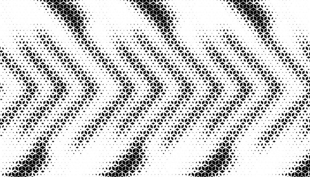 Black and white smooth transition of halftone pattern witth sharp arrows. Easy to edit with graphic software. Vector format illustration. 