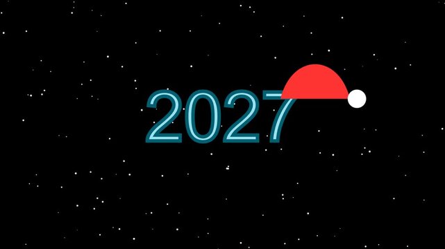 Year 2027 with a red santa hat design on a dark starry night sky background