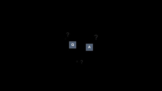 Minimalist concept illustration featuring the letters a and q inside square boxes with question marks on a black background representing questions and answers