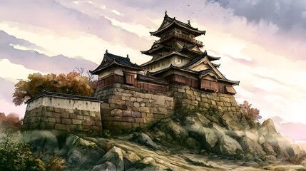 Obraz premium Majestic Japanese castle watercolor illustration serene ancient landscape timeless beauty art stock photo