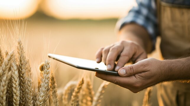 Farmer using tablet in golden wheat field at sunset for agricultural technology and data analysis
