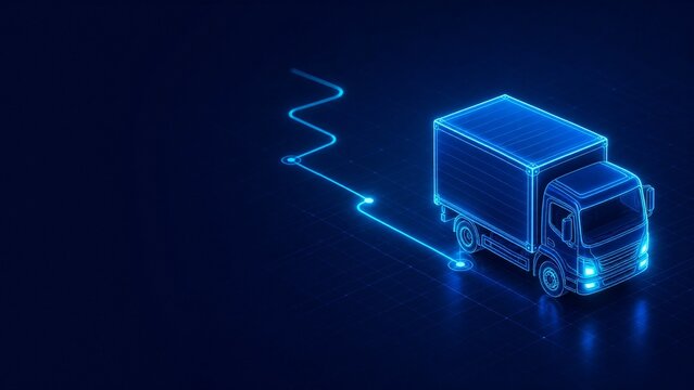 Isometric neon delivery truck leaving a smart warehouse with glowing package tracking routes 3D logistics and supply chain technology concept with copy space