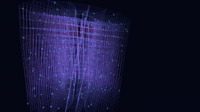 continuous 3D network of connected nodes and fine lines in dark blue that seamlessly morphs between wavy strata, cylindrical rings, and a dispersed cellular lattice.