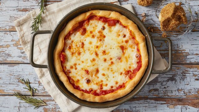 Cheese pizza baked in rustic pan