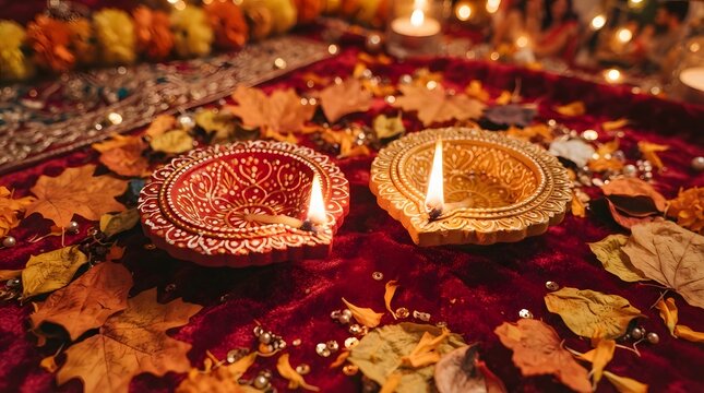 Two traditional clay diyas glowing on a velvet cloth with autumn leaves and decorative sequins for diwali celebration