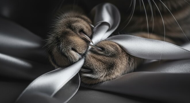 Cat playing with silver ribbon toy.