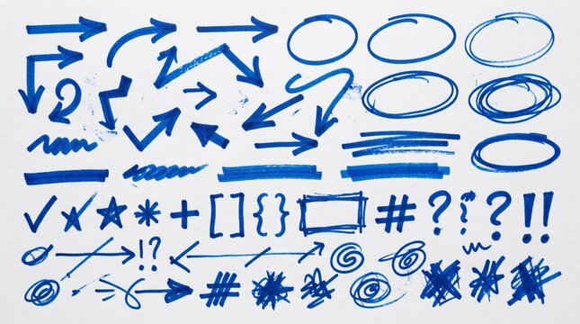 Colecci&oacute;n de elementos gr&aacute;ficos dibujados a mano con marcador azul sobre fondo blanco: flechas, c&iacute;rculos, rayas, estrellas y s&iacute;mbolos para edici&oacute;n de video.