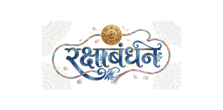 ​Decorative Gold and Blue Hindi Calligraphy for Happy Raksha Bandhan.