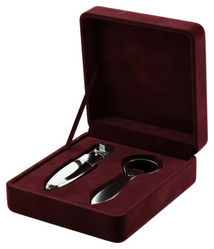 Wine opener set in velvet box isolated on a transparent background