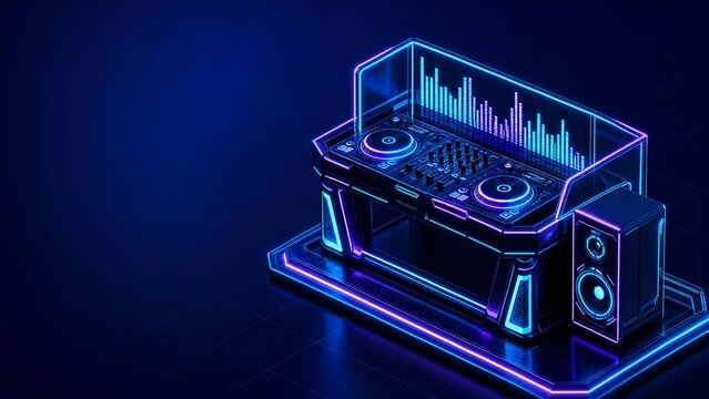 Isometric neon nightclub scene with a glowing DJ booth luminous speakers and a pulsing equalizer 3D nightlife music and entertainment concept with copy space