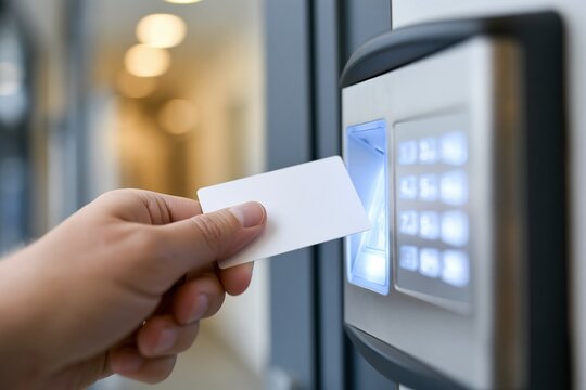 Close-up of a hand holding an access control card to an electronic keypad reader for secure entry