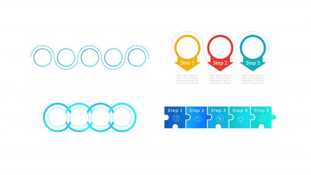 Minimalist business empty infographic template animation set. Clean geometric shapes. Circular timeline flow. Animated diagrams blank design multi-step. Info graphics with options. HD video pack