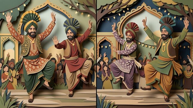Men performing traditional bhangra dance in paper cut style