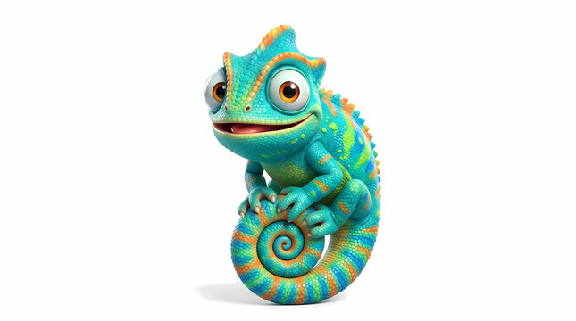Cute Baby Chameleon Sitting on Tail Isolated on White Background Adorable Green Lizard Mascot Concept 3D