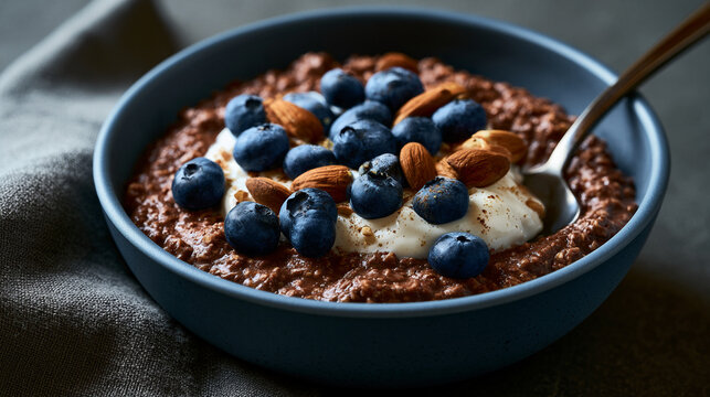 Bowl of chocolate oatmeal with fresh blueberries and almonds