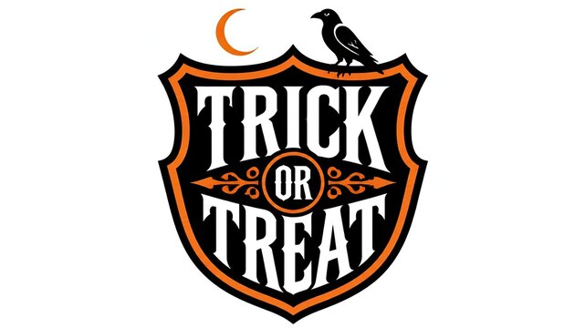 Halloween trick or treat shield badge with crow and autumn leaves for party invitations and decorations