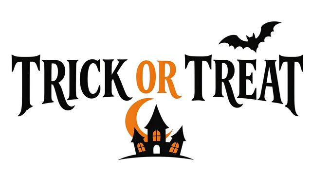 Halloween trick or treat banner with flying bat and haunted house illustration