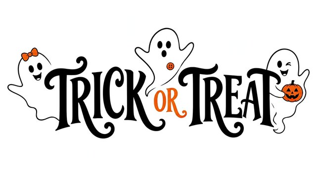 Three cartoon ghosts with jack-o-lantern trick or treat Halloween sign in spooky festive design