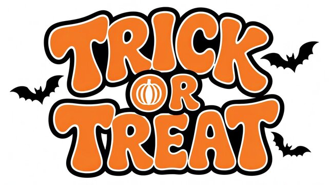 Halloween trick or treat sign with flying bats and spooky orange lettering for festive decorations