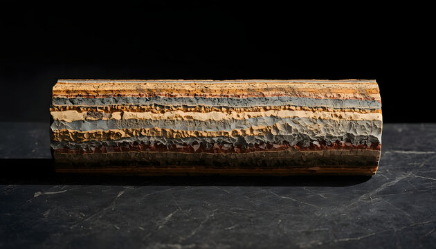 A close-up shot of a single solid cylindrical geological drill core sample