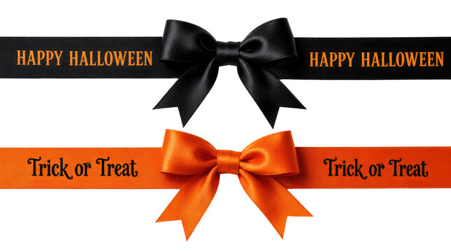 Halloween ribbon banners with bows, black and orange satin decorations, Trick or Treat and Happy Halloween text headers isolated PNG with Transparent Background