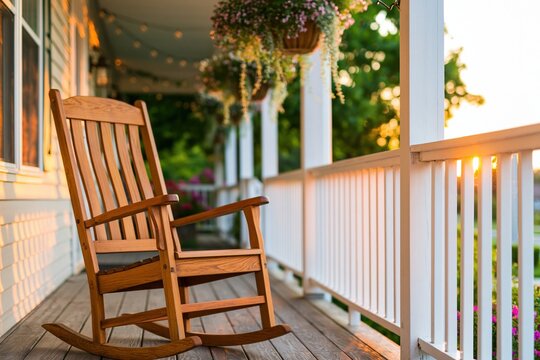 Cozy wooden rocking chair on a sunlit porch with hanging plants and string lights