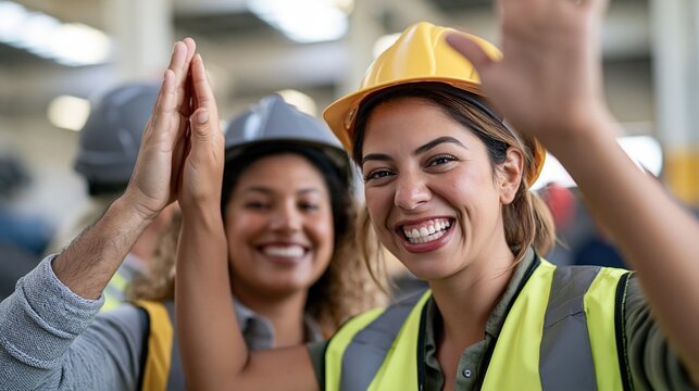 Diverse women construction workers celebrating success with high fives in industrial setting
