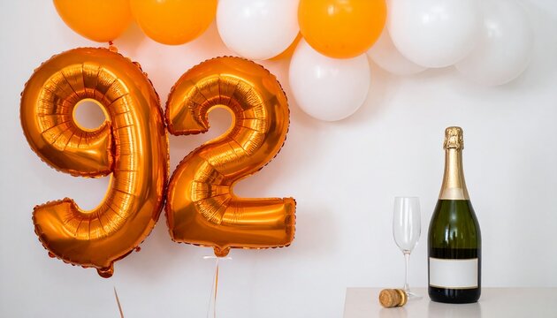 Number 92 Balloon with Champagne Bottle. Orange and White Theme for Birthday or Anniversary Celebration