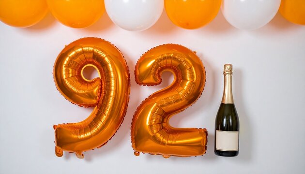 Number 92 Balloon with Champagne Bottle. Orange and White Theme for Birthday or Anniversary Celebration