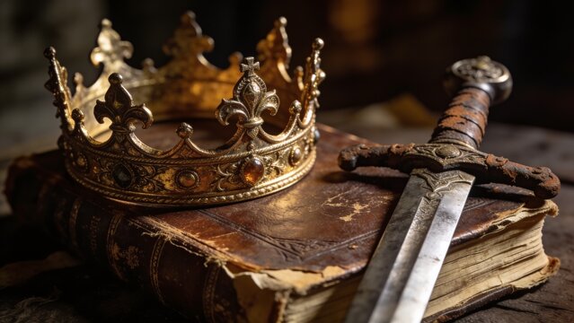 Golden Royal Crown and Ancient Sword Resting on Old Leather Book Power and History Concept