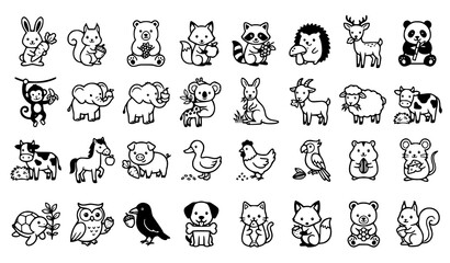 Cute animals with food and snacks, woodland wildlife, safari fauna, farm species, and domestic pets line art vector icons set isolated on white background