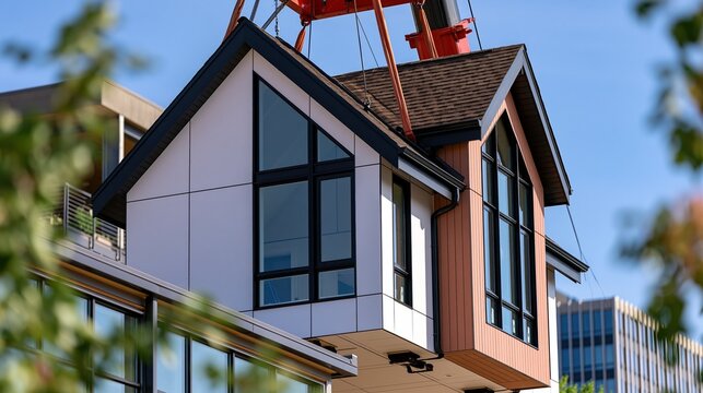 Modern Prefabricated Home Module Being Lifted by Crane for Construction Project