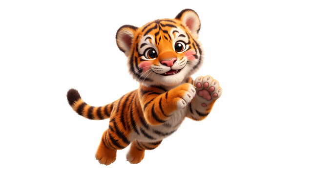Cute Baby Tiger Cub Pouncing Playful Isolated on White Background Adorable Wild Animal Mascot Concept 3D Render