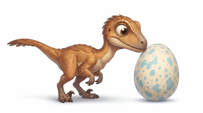 Cute animated dinosaur standing beside a large blue speckled prehistoric egg