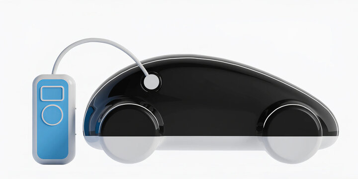 Minimalist black electric vehicle connected to a blue portable charging unit on white background with charging device against car connected compact