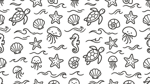 Seamless pattern with cute sea creatures and marine life elements. Flat vector illustration.