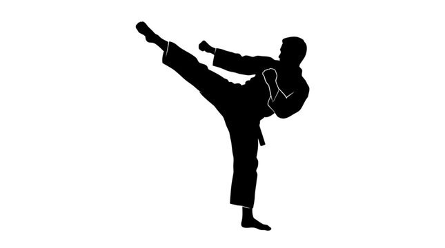 Martial artist performing a powerful high kick silhouette design isolated on a clean white background surface