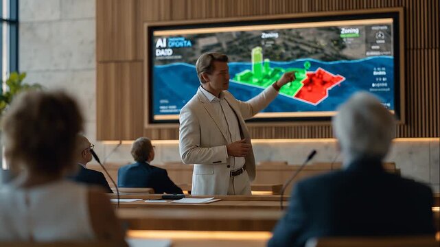 Municipal engineer presenting an AI urban planning simulation of a flood-resilient district to city council members seated in a formal chamber, interactive zoning overlays