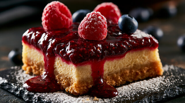 Delicious cheesecake square with raspberry sauce and fresh berries on dark slate