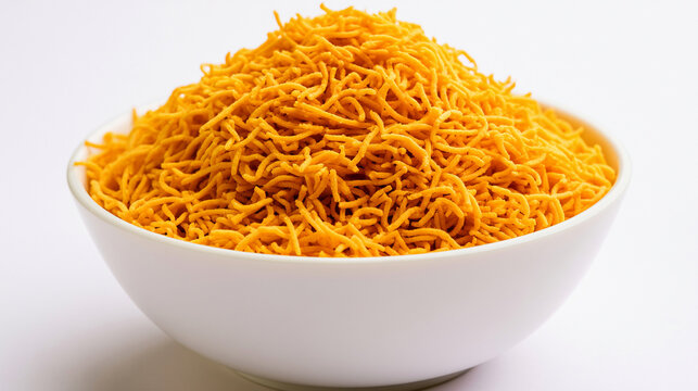 A bowl of crispy indian snack aloo bhujia isolated on white background