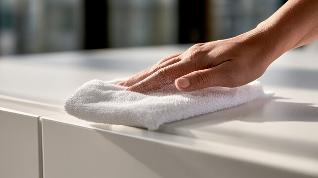 Closeup of a hand cleaning a white surface with a soft white cloth