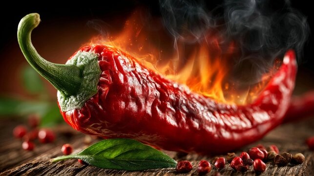 A vibrant red chili pepper engulfed in flames and smoke on a rustic wooden surface, conveying intense heat and spice.