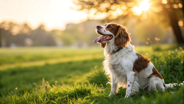 Happy spaniel dog sitting in a sunny park at sunset, outdoor pet portrait.