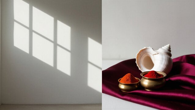 White Conch Shell with Sindoor and Haldi Powder on Maroon Silk