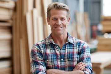 Obraz premium Smiling Carpenter in Plaid Shirt with Arms Crossed in Lumberyard