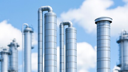 Fototapeta premium Industrial steel pipes and towers against a bright blue sky with fluffy white clouds