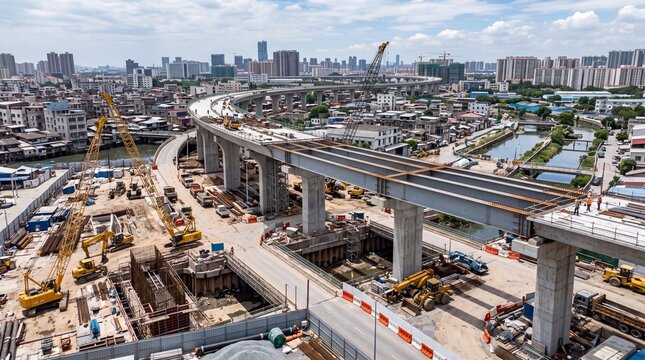 Elevated highway construction site with heavy machinery. Urban infrastructure development project. Concrete bridge pillars and cranes in city.