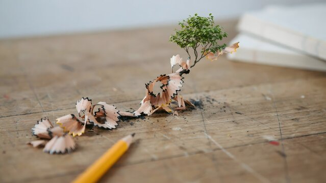Macro view of pencil shavings as tree branches - Perfect for nature conservation and art ideas.