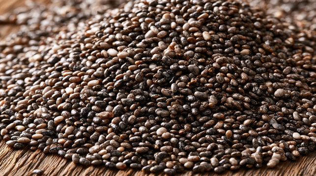 Closeup of a pile of healthy chia seeds on a wooden surface