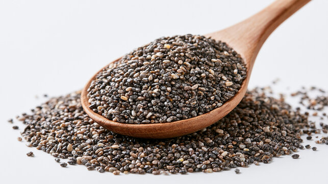 Chia seeds in a wooden spoon isolated on white background